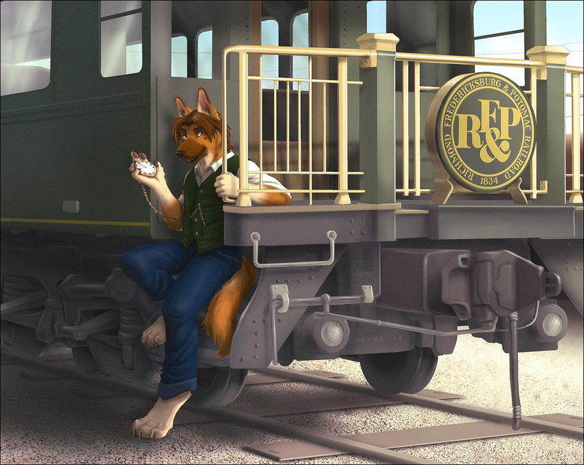 2014 4_toes 5_fingers anthro barefoot brown_eyes brown_fur brown_hair canine claws clothed clothing dog fur german_shepherd hair looking_at_viewer male mammal outside pants smile solo toe_claws toes train vest whiskers zen