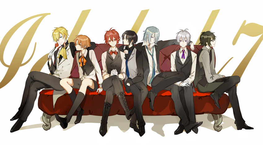 ahoge black_gloves black_hair blonde_hair blue_eyes blue_hair blue_neckwear bolo_tie bow bowtie citi copyright_name couch cross-laced_footwear crossed_legs dress_shirt flower formal glasses gloves green_hair half_gloves hands_together highres idolish_7 izumi_iori izumi_mitsuki jacket kneehighs long_hair looking_at_viewer male_focus multiple_boys nanase_riku necktie nikaido_yamato open_clothes open_jacket orange_eyes orange_hair osaka_sougo purple_eyes red_eyes red_flower red_hair red_rose rokuya_nagi rose shirt sitting smile suit white_hair yotsuba_tamaki