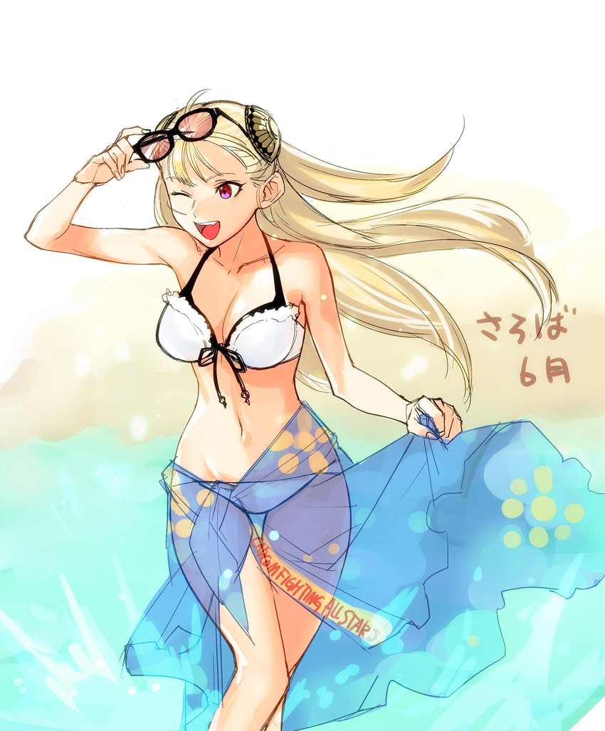 ;d beach bikini blonde_hair breasts capcom_fighting_allstars capcom_fighting_jam cleavage copyright_name highres ingrid large_breasts long_hair navel one_eye_closed open_mouth red_eyes smile solo sunglasses swimsuit teeth tetsu_(kimuchi) thigh_gap white_bikini