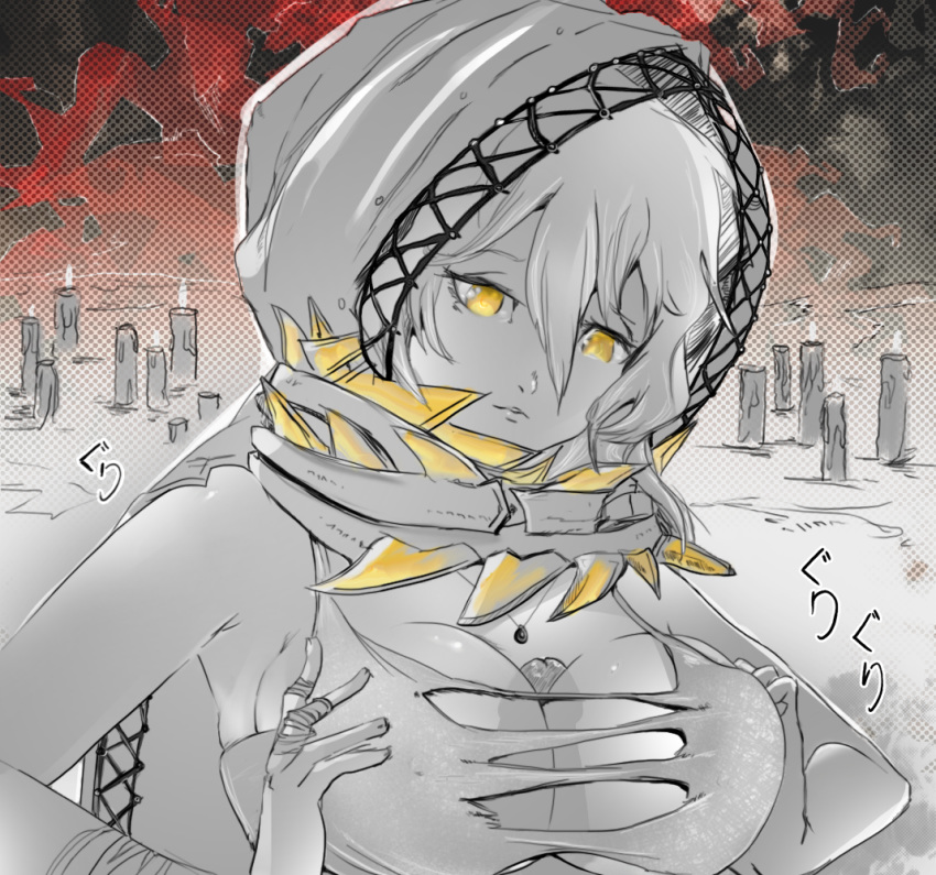 1girl bandage breasts candle cape cleavage code_vein eyes hair hood io_(code_vein) jewelry large large_breasts mrbudguy necklace paizuri white yellow