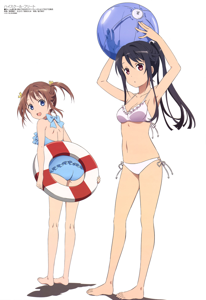 :d :o absurdres armpits arms_up ball barefoot beachball bikini black_hair blue_eyes breasts brown_eyes brown_hair casual_one-piece_swimsuit frilled_bikini frilled_swimsuit frills full_body high_school_fleet highres kneepits legs lifebuoy long_hair looking_back medium_breasts megami misaki_akeno multi-strapped_bikini multiple_girls munetani_mashiro non-web_source official_art okuda_yousuke one-piece_swimsuit open_mouth scan short_twintails side-tie_bikini simple_background smile standing swimsuit twintails white_background white_bikini