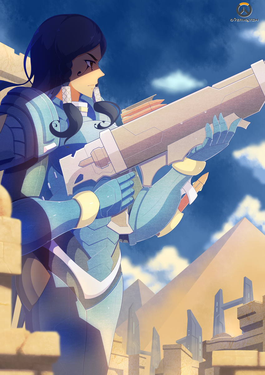 armor armored_boots blue_sky bodysuit boots braid brown_eyes brown_hair closed_mouth cloud cloudy_sky copyright_name dark_skin day eye_of_horus facial_mark facial_tattoo gauntlets greaves gun hair_tubes highres holding holding_gun holding_weapon missile missile_pod no_headwear no_helmet overwatch pauldrons pharah_(overwatch) power_armor power_suit pyramid rocket rocket_launcher senba_hikari shoulder_pads side_braids sidelocks sky solo tattoo weapon