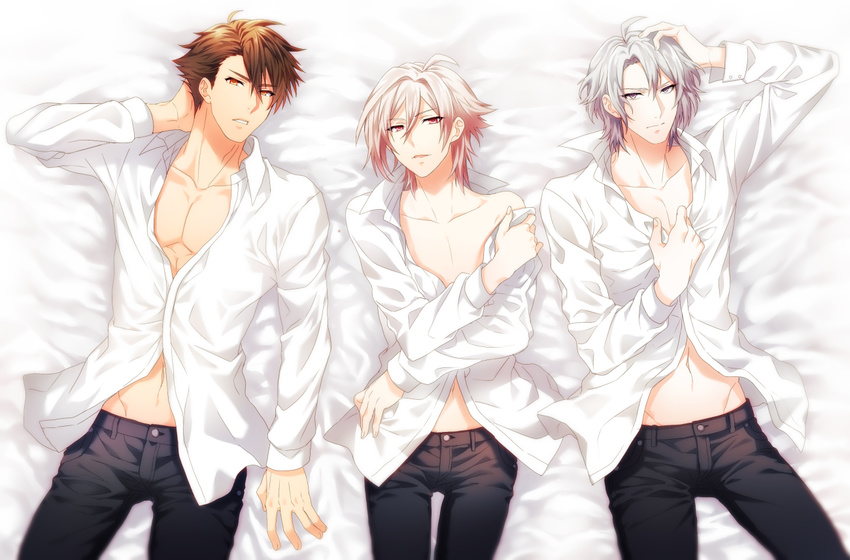 ahoge bed_sheet brown_eyes brown_hair denim dress_shirt grey_eyes hand_behind_head hand_in_hair idolish_7 jeans kujou_tenn looking_at_viewer lying male_focus md5_mismatch midriff multiple_boys navel on_back pants pink_eyes sheet_grab shiron_(shiro_n) shirt tsunashi_ryuunosuke unbuttoned unbuttoned_shirt yaotome_gaku