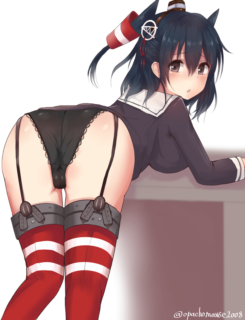 :o alternate_costume alternate_hairstyle amatsukaze_(kantai_collection) amatsukaze_(kantai_collection)_(cosplay) ass bangs bent_over black_hair black_panties blush breasts brown_eyes cosplay desk dress dress_lift from_behind garter_straps haguro_(kantai_collection) hair_between_eyes hair_ornament hair_tubes highres kantai_collection kinryuu lace lace-trimmed_panties large_breasts long_sleeves looking_at_viewer looking_back panties red_legwear red_ribbon ribbon sailor_dress short_dress solo standing striped striped_legwear thigh_gap thighhighs twitter_username two_side_up underwear windsock