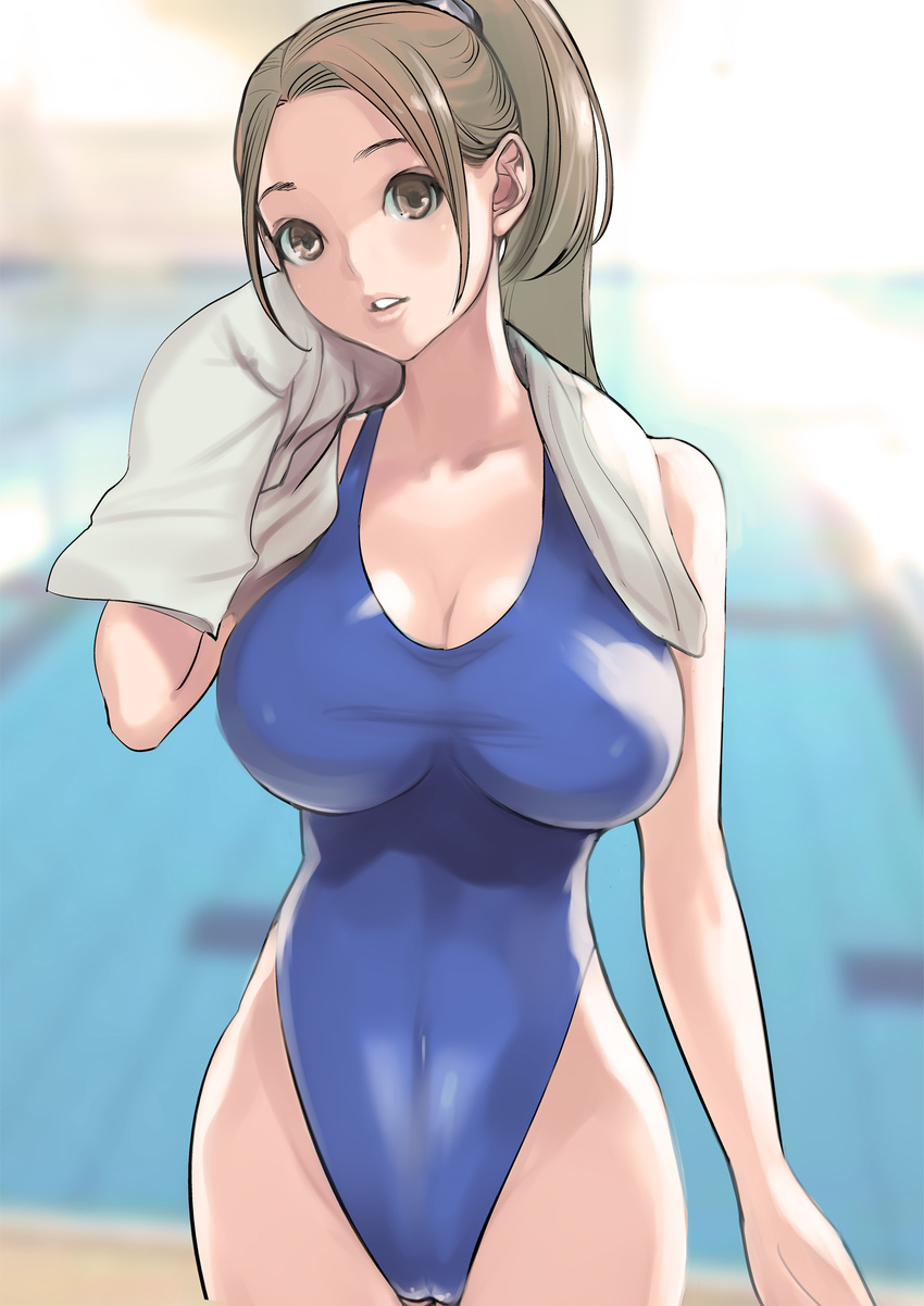 breasts brown_eyes brown_hair competition_swimsuit dytm highleg highleg_swimsuit highres large_breasts long_hair looking_at_viewer one-piece_swimsuit original parted_lips ponytail pool pool_monitor_part-timer_(dytm) solo swimsuit towel