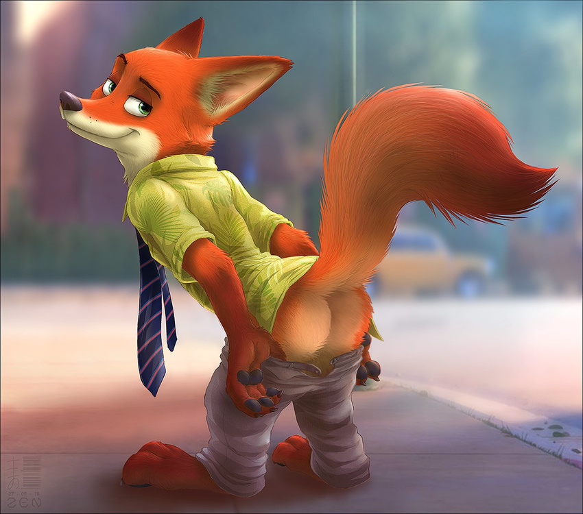 2016 4_fingers anthro barefoot butt canine claws clothed clothing disney fox fur green_eyes looking_at_viewer looking_back male mammal mooning necktie nick_wilde orange_fur pants_down pants_pull partially_clothed presenting presenting_hindquarters raised_tail shirt signature solo standing zen zootopia