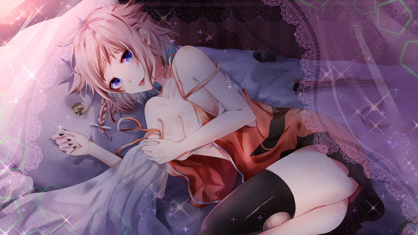 ass bare_shoulders bed_sheet black_legwear black_nails blanket blonde_hair blue_eyes braid breasts cevio choker cleavage collarbone condom_wrapper covering covering_breasts curtains doily dress fingernails gakuon_(gakuto) hair_flaps holding lens_flare looking_at_viewer lying medium_breasts nail_polish on_bed on_side one_(cevio) open_clothes open_dress pillow short_hair solo sparkle strap_slip thighhighs tongue tongue_out unzipped zipper