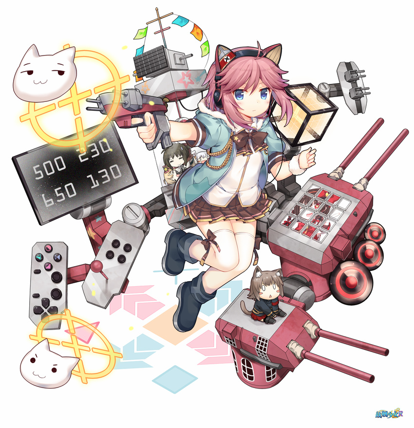 aiguillette animal_ears aoba_(zhan_jian_shao_nyu) armband bismarck_(zhan_jian_shao_nyu) black_footwear blonde_hair blue_eyes blush bow braid brown_bow brown_hair brown_skirt cannon cat_ears chibi closed_mouth commentary_request controller copyright_name crane_game crosshair dress flag full_body haku_(utawareru_mono) headphones headwear highres hood hoodie jiang-ge joystick kamikita_komari leg_up looking_at_viewer machinery monitor multiple_girls official_art one_eye_closed outstretched_arm pink_hair pleated_skirt pointing red_dress red_eyes red_ribbon red_skirt ribbon rigging scrunchie shoes short_sleeves skirt solo_focus tail thighhighs tirpitz_(zhan_jian_shao_nyu) toy_gun turret twin_braids vest white_background white_legwear wrist_scrunchie younger zhan_jian_shao_nyu