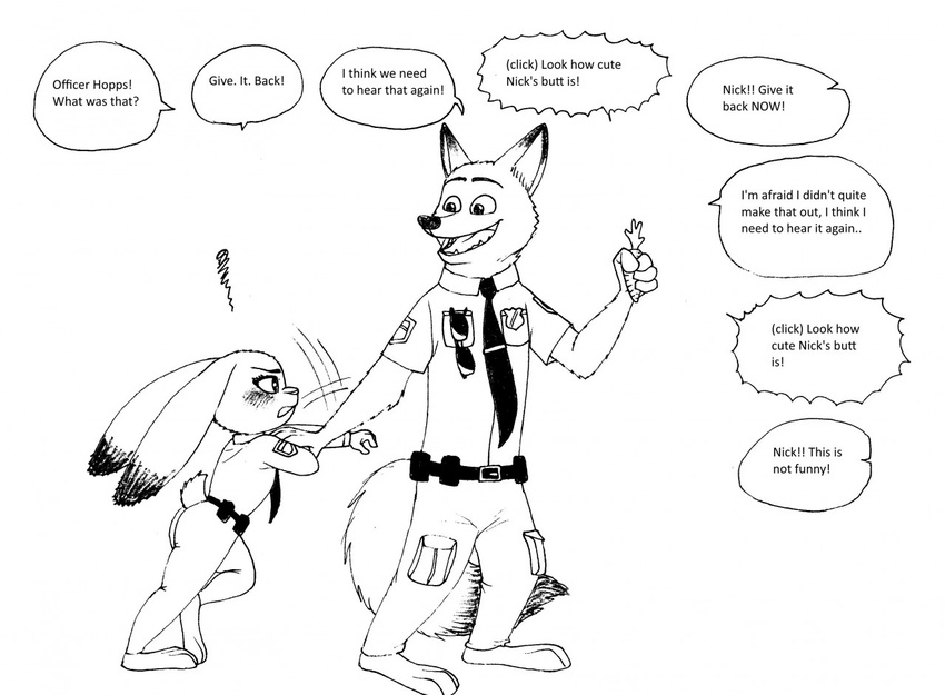 angry anthro bernielover black_and_white blush canine clothed clothing dialogue disney duo ears_down english_text female fox fur hi_res judy_hopps lagomorph male mammal monochrome nick_wilde open_mouth police_uniform rabbit simple_background smile speech_bubble teeth text uniform white_background zootopia