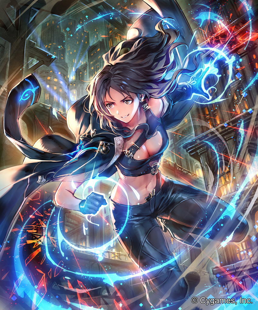 black_boots black_gloves black_hair black_pants boots breasts brown_eyes building character_request cleavage clenched_hand company_name gloves high_heels highres jacket long_hair magic navel okada_manabi open_clothes open_jacket outstretched_arm pants parted_lips shingeki_no_bahamut smile watermark window