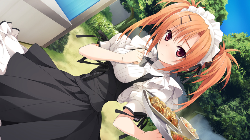 1girl dress female food game_cg hashimoto_takashi headdress highres imouto_no_katachi long_hair maid maid_headdress orange_hair red_eyes ribbons solo sphere sumeragi_ayaka tree twintails