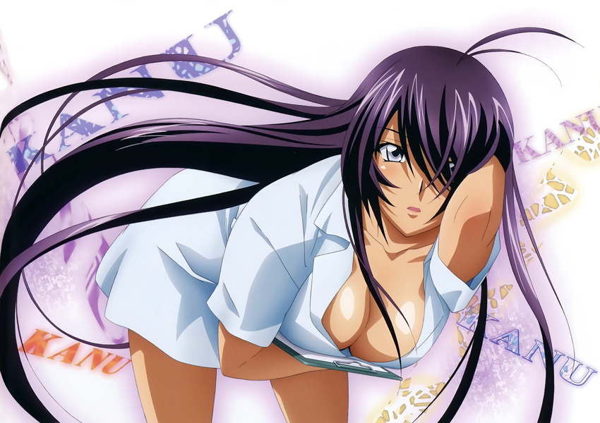 absurdres antenna_hair arm_behind_head arm_up bangs bent_over blue_eyes blue_hair blush breasts cleavage clipboard dark_skin downblouse dress floating_hair hair_over_one_eye highres holding holding_clipboard ikkitousen ikkitousen_xtreme_xecutor kan'u_unchou large_breasts long_hair looking_at_viewer no_bra nurse official_art one_eye_covered parted_lips rin-sin scan shiny shiny_hair short_dress short_sleeves skirt solo surprised very_long_hair white_dress wing_collar