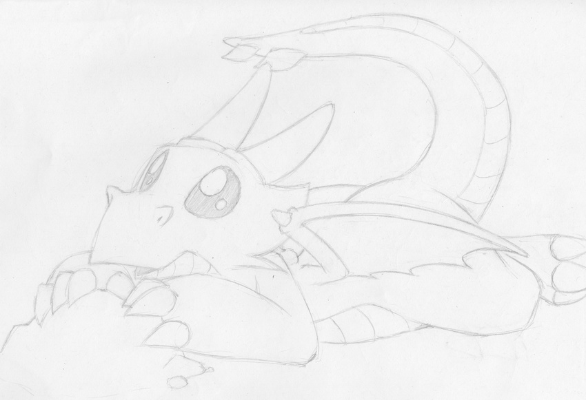 ambiguous_gender dragon greyscale horn looking_up lying membranous_wings mizzyam monochrome on_front open_mouth pencil_(artwork) raised_tail rock scalie sketch traditional_media_(artwork) wings