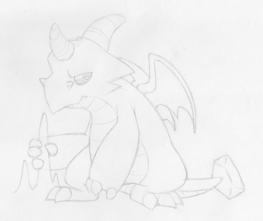 ambiguous_gender annoyed dragon featureless_crotch greyscale horn membranous_wings mizzyam monochrome pencil_(artwork) scalie sketch stalagmite standing traditional_media_(artwork) wings