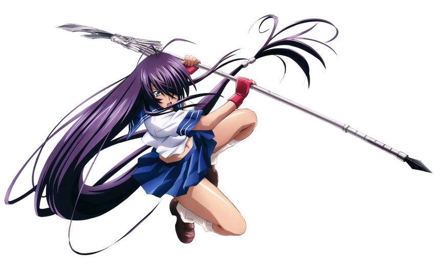 absurdres blue_skirt hair_over_one_eye highres holding holding_weapon ikkitousen kan'u_unchou kneehighs long_hair looking_at_viewer midriff navel open_mouth pleated_skirt polearm purple_hair rin-sin school_uniform serafuku shirt simple_background skirt solo spear weapon white_background white_legwear white_shirt