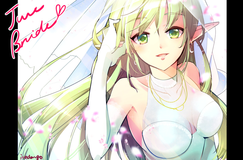 :d alternate_costume artist_name bangs bare_shoulders breasts bridal_veil bride choker collarbone crescent crescent_earrings dress earrings elbow_gloves elf elsword english eyebrows eyebrows_visible_through_hair gloves green_eyes green_hair hair_between_eyes hair_tucking halterneck hand_up heart jewelry kuroshio_maki lens_flare long_hair looking_at_viewer medium_breasts motion_blur open_mouth petals pillarboxed pointy_ears rena_(elsword) see-through simple_background sleeveless smile solo upper_body veil wedding_dress white_background white_dress