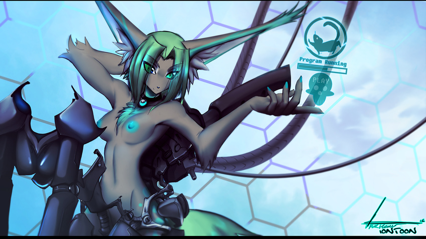 2016 areola armor armpits blue_background blue_fur blue_nipples breasts canine clothed clothing english_text female fox fur green_eyes green_hair grey_fur hair hi_res hologram inner_ear_fluff iontoon machine mammal nipples raised_arm signature simple_background slit_pupils solo text topless