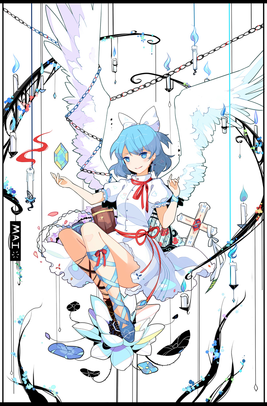 absurdres angel_wings blue_eyes blue_fire blue_hair border candle chain character_name cross dress earrings fire flower full_body hair_ribbon highres ideolo_(style) jewelry leg_ribbon looking_at_viewer mai_(touhou) parody petals puffy_sleeves ribbon sash short_hair short_sleeves smile solo style_parody touhou touhou_(pc-98) white_background wings yorktown_cv-5