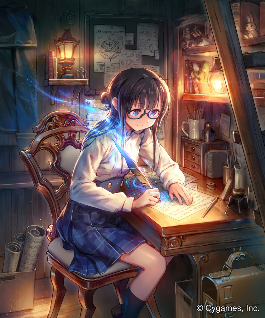 1girl black-framed_eyewear black_legwear blue_eyes blue_skirt book brown_hair brown_shoes chair character_request closed_mouth company_name cup desk glasses highres holding inkwell kneehighs lamp loafers long_hair long_sleeves mug okada_manabi paper pen plaid plaid_skirt quill school_briefcase scroll semi-rimless_glasses shingeki_no_bahamut shirt shoes sitting skirt smile solo under-rim_glasses watermark white_shirt wooden_floor wooden_wall