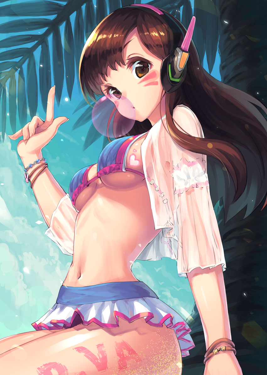 absurdres adapted_costume arm_at_side bikini bikini_skirt blue_bikini bracelet breasts brown_eyes brown_hair bubble_blowing chewing_gum close-up crop_top d.va_(overwatch) day facepaint facial_mark fingernails headphones heart highres index_finger_raised jewelry kamome_yuu long_fingernails long_hair looking_at_viewer medium_breasts navel open_clothes open_shirt outdoors overwatch palm_tree parted_lips plant sand shirt short_sleeves sitting solo stomach swimsuit transparent tree underboob whisker_markings white_shirt