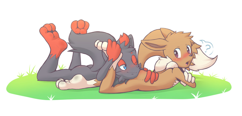 anthro barefoot blush butt butt_blush butt_grab butt_pillow crossed_arms cub eevee hand_on_butt looking_back lying male nintendo nude nuzzling on_front one_eye_closed plantigrade pok&eacute;mon redhixen solo speech_bubble video_games young zorua