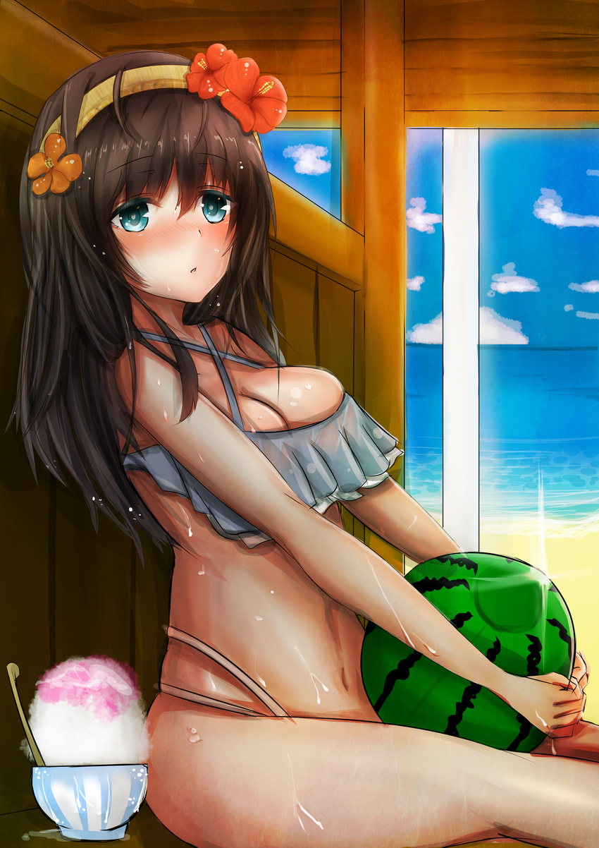 absurdres ball beachball bikini black_hair blue_eyes blue_sky blush breasts cloud day flower food fruit hair_flower hair_ornament hairband hibiscus highres holding holding_ball idolmaster idolmaster_cinderella_girls large_breasts long_hair ocean okato sagisawa_fumika shack shaved_ice sky solo summer sweat swimsuit watermelon watermelon_beachball