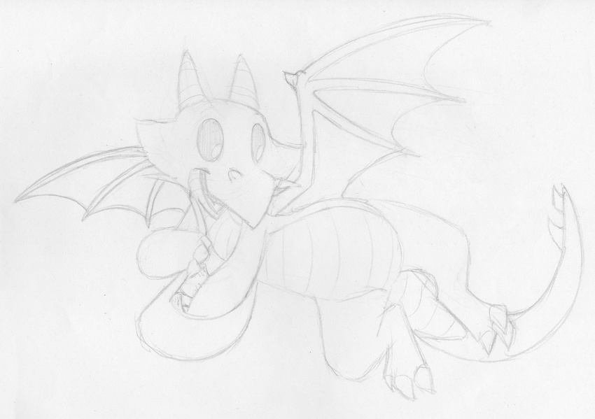 ambiguous_gender dragon featureless_crotch flying greyscale horn looking_away membranous_wings mizzyam monochrome open_mouth pencil_(artwork) scalie shoulder_bag sketch smile traditional_media_(artwork) wings