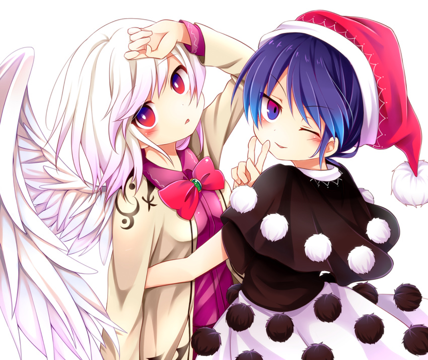 black_capelet blue_eyes blue_hair blush bow bowtie capelet chikuwa_savi doremy_sweet dress hat jacket kishin_sagume long_sleeves looking_at_viewer multiple_girls nightcap one_eye_closed open_mouth pom_pom_(clothes) red_eyes short_hair short_sleeves silver_hair simple_background single_wing smile touhou upper_body v white_background wings
