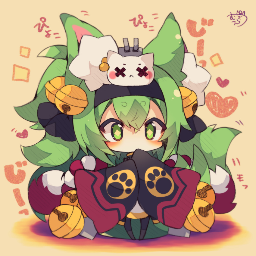 +_+ 1girl animal_ear_fluff animal_ears azur_lane bangs bell black_hairband black_legwear black_ribbon blush brown_background cannon character_request chibi covered_mouth eyebrows_visible_through_hair full_body green_eyes green_hair hair_bell hair_between_eyes hair_ornament hair_ribbon hairband heart highres jingle_bell long_sleeves muuran pantyhose ribbon short_eyebrows signature sleeves_past_fingers sleeves_past_wrists solo standing thick_eyebrows turret wide_sleeves x_x