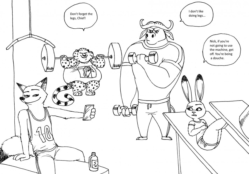 2016 anthro benjamin_clawhauser bernielover bovine buffalo canine cheetah chief_bogo clothing disney english_text feline female fox fur group hi_res horn judy_hopps lagomorph male mammal monochrome nick_wilde police_uniform rabbit simple_background smile speech_bubble text uniform white_background zootopia