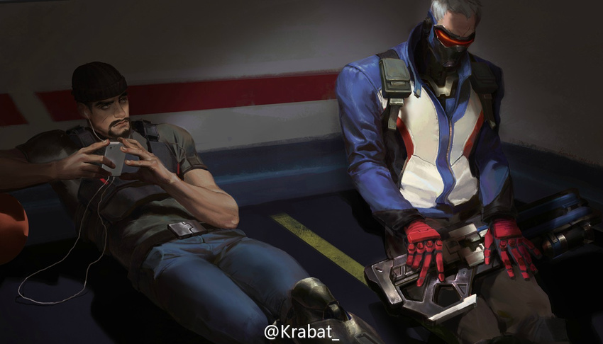 artist_name beanie commentary digital_media_player earbuds earphones english_commentary face_mask facial_hair facial_mark gloves gun hat holding holding_gun holding_weapon jacket krabat mask multiple_boys overwatch reaper_(overwatch) scar short_hair sitting soldier:_76_(overwatch) spoilers visor weapon white_hair younger
