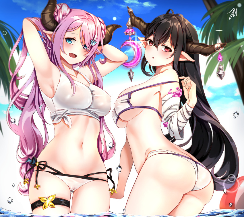 2girls absurdres areolae armpits ass bandage bangs bare_shoulders beach bikini bikini_bottom bikini_top black_hair blue_eyes blue_sky blush bow breasts cameltoe cowboy_shot danua double_bun eyebrows_visible_through_hair granblue_fantasy hair_between_eyes hair_ornament hair_over_one_eye hairpin hands_in_hair highres horn_ornament horns jewelry large_breasts long_hair looking_at_viewer multiple_girls narmaya_(granblue_fantasy) navel open_mouth outdoors parted_lips pink_hair pointy_ears red_eyes shirt sideboob sky sleeveless sleeveless_shirt smile stomach sun_miru swimsuit thigh_strap thighs tied_shirt tree water water_drop white_shirt