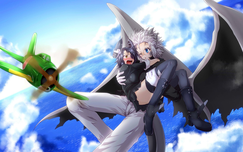 ;o acrophobia aircraft airplane arms_around_neck black_legwear black_shirt blue_eyes blush breasts carrying cloud cloudy_sky commentary_request day dragon_girl dragon_tail dragon_wings female_admiral_(kantai_collection) floating from_above g_(desukingu) gloves headgear highres kantai_collection large_breasts looking_at_another miniskirt multiple_girls ocean one_eye_closed open_mouth pants perspective pleated_skirt princess_carry scar scared shirt short_hair skirt sky spiked_hair tail tenryuu_(kantai_collection) thighhighs thighs tsubasa_ryuuji wavy_mouth white_gloves white_pants wings