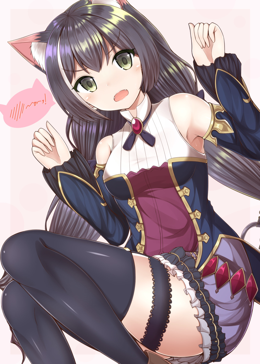 1girl absurdres animal_ears armpits bare_shoulders black_hair cat_ears detached_sleeves eyebrows_visible_through_hair gem green_eyes highres kyaru_(princess_connect) long_hair long_sleeves low_twintails masa_masa multicolored_hair open_mouth princess_connect! simple_background solo streaked_hair tail thighhighs twintails very_long_hair white_hair