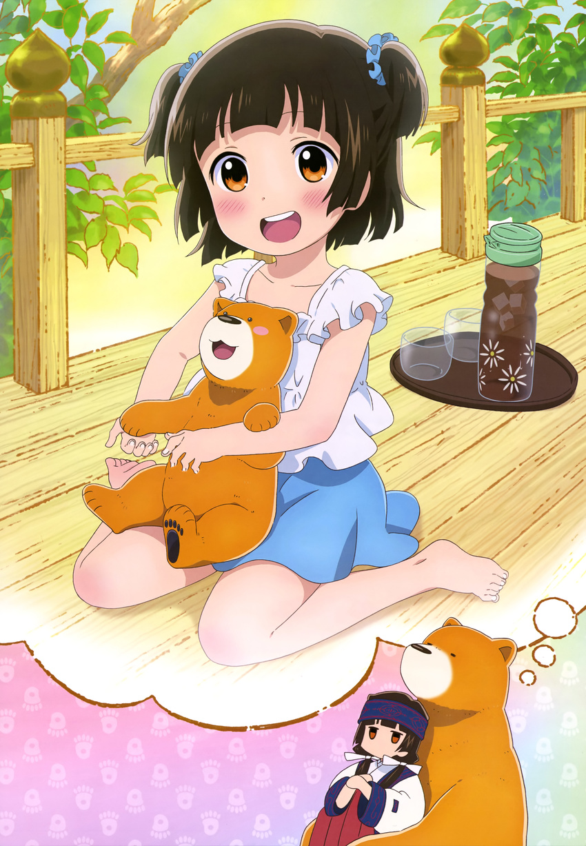 :d absurdres amayadori_machi bare_legs barefoot bear black_hair blue_scrunchie blue_skirt blush blush_stickers body_blush brown_eyes casual collarbone daydream drink feet hair_ornament hair_scrunchie highres japanese_clothes jitome kumai_natsu kumamiko legs low_twintails magazine_scan miko non-web_source nyantype official_art open_mouth round_teeth scan scrunchie shirt sitting skirt smile solo teeth thought_bubble tongue twintails two_side_up wariza white_shirt younger