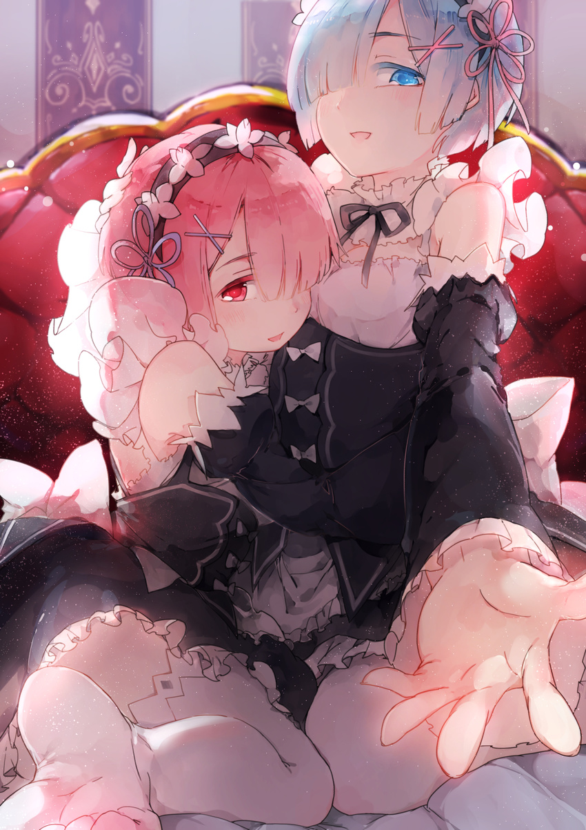 bangs beckoning blue_eyes blue_hair blue_ribbon blunt_bangs blush come_hither couch detached_sleeves feet hair_ornament hair_over_one_eye highres hug long_sleeves looking_at_viewer maid multiple_girls no_shoes open_mouth outstretched_arm outstretched_hand pink_eyes pink_hair pink_ribbon ram_(re:zero) re:zero_kara_hajimeru_isekai_seikatsu rem_(re:zero) ribbon short_hair shuzi siblings sisters sitting smile thighhighs twins white_legwear wide_sleeves x_hair_ornament