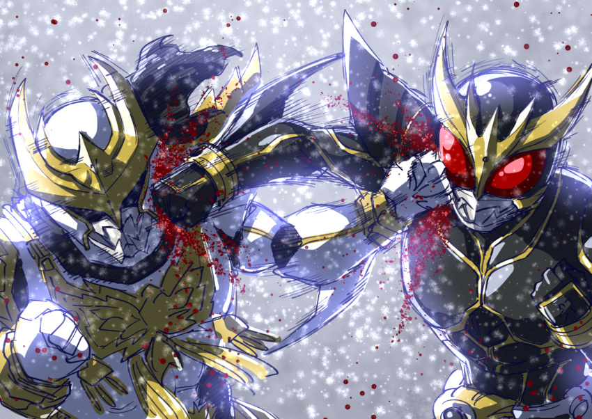 2boys arm_blade armor battle belt black_eyes blood claws face_punch fighting helmet highres horns in_the_face kamen_rider kamen_rider_kuuga kamen_rider_kuuga_(series) kamen_rider_kuuga_(ultimate_form) male_focus monster multiple_boys n-daguva-zeba no_pupils punching red_eyes rider_belt shouji_nigou snow stag_beetle weapon