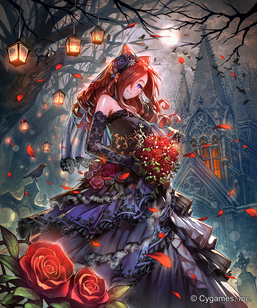 1girl bare_shoulders bare_tree bird black_shirt blush bouquet bride brown_hair cat character_request church cloud company_name drill_hair flower full_moon gloves grave hair_over_one_eye head_tilt highres holding_bouquet in_tree lace lace_gloves long_hair looking_at_viewer lying moon okada_manabi on_stomach outdoors petals purple_eyes purple_skirt red_eyes red_rose rose shingeki_no_bahamut shirt skirt sleeveless sleeveless_shirt standing tree veil watermark yellow_sclera |_|