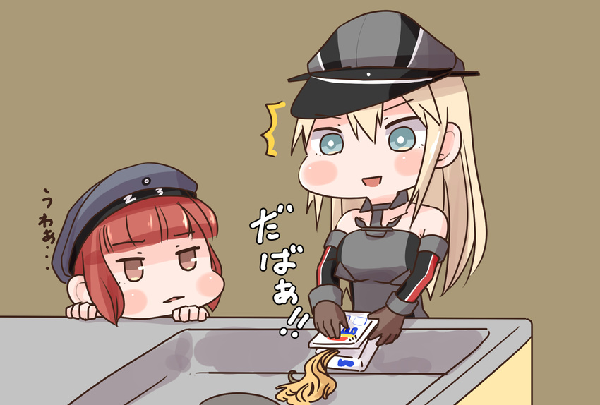 bare_shoulders bismarck_(kantai_collection) blue_eyes brown_eyes brown_gloves failure gloves hat highres horoyuki_(gumizoku) kantai_collection long_hair military military_hat military_uniform multiple_girls open_mouth peaked_cap red_hair sailor_hat translated uniform yakisoba_spill z3_max_schultz_(kantai_collection)