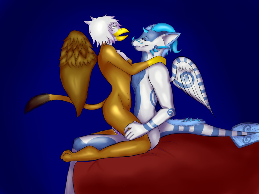 angel_dragon anthro avian bed cum cum_in_pussy cum_inside drax duo gryphon inside kneeling my_little_pony nude on_bed penis sex sitting wings