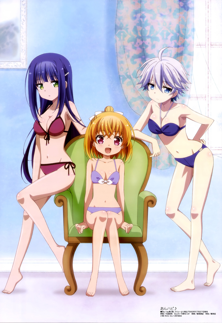 absurdres anne_happy barefoot bikini blonde_hair blue_eyes blue_hair breasts cleavage ekoda_ren green_eyes hair_ornament hairclip hanakoizumi_an hand_on_hip hibarigaoka_ruri highres legs medium_breasts megami multiple_girls non-web_source official_art ooshima_miwa open_mouth purple_eyes short_hair side-tie_bikini silver_hair small_breasts swimsuit