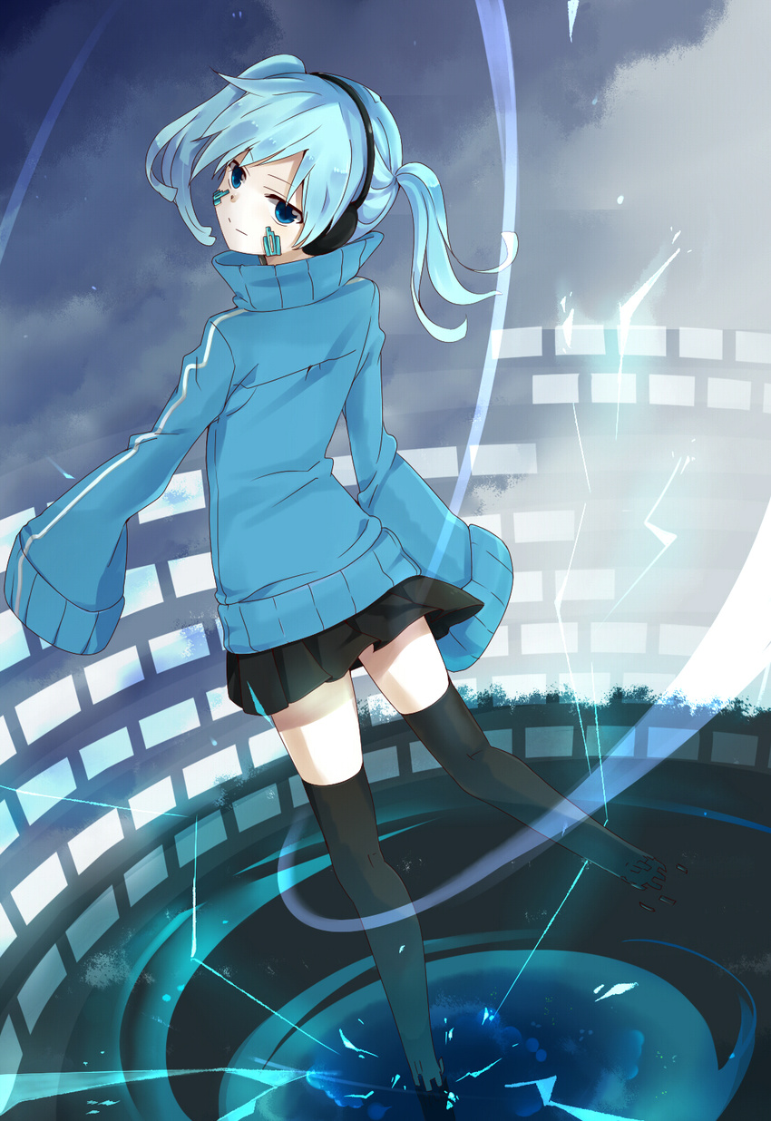 bad_id bad_pixiv_id black_legwear black_skirt blue_eyes blue_hair blue_sweater ene_(kagerou_project) headphones highres kagerou_project pleated_skirt short_hair skirt sleeves_past_fingers sleeves_past_wrists solo sweater tama_(05728) thighhighs