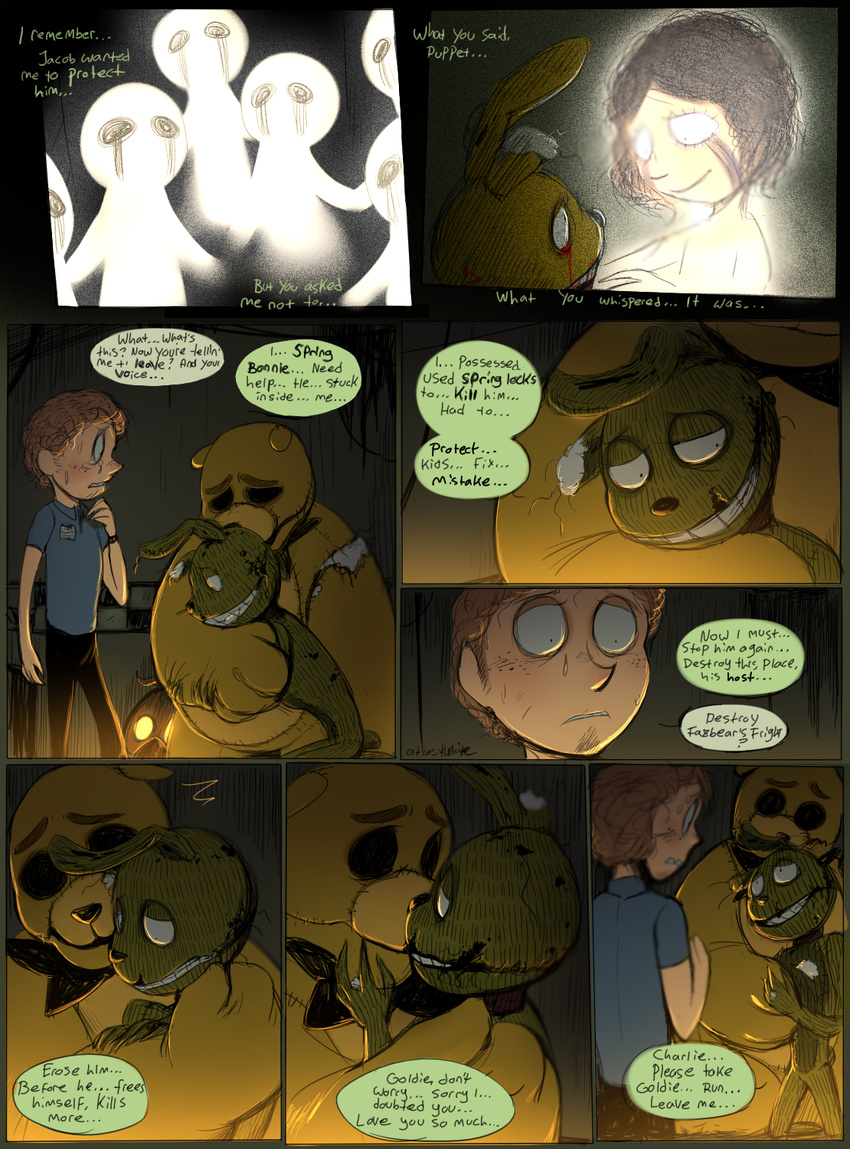 2016 animatronic atlas-white comic dialogue digital_media_(artwork) english_text fight five_nights_at_freddy's five_nights_at_freddy's_3 golden_freddy_(fnaf) hi_res human lagomorph machine male mammal rabbit robot springtrap_(fnaf) tears text video_games