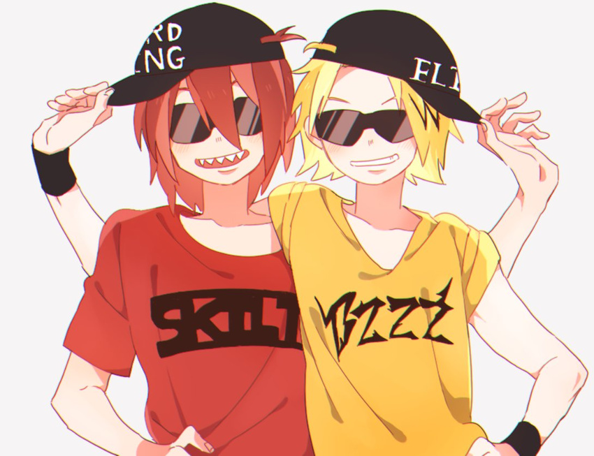 amacha_(3ama_4tya) bad_id bad_twitter_id baseball_cap blonde_hair boku_no_hero_academia hand_on_hip hat kaminari_denki kirishima_eijirou male_focus multiple_boys red_hair shirt sideways_hat smile sunglasses t-shirt upper_body wristband