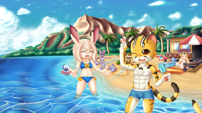 absol anthro beach cheetah detailed_background eevee feline female group lagomorph litleo male mammal nintendo pok&eacute;mon popplio rabbit rotom seaside video_games vulpix リー