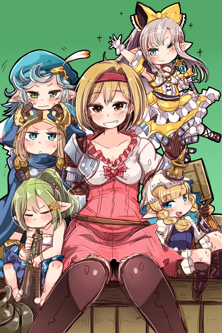 :&lt; :d amagaeru_(hylathewet) aqua_eyes arm_up bare_shoulders belt black_footwear blonde_hair blue_eyes blue_hair blush boots bow braid breasts bridal_veil brown_eyes brown_footwear carrying closed_eyes closed_mouth djeeta_(granblue_fantasy) dress fighter_(granblue_fantasy) filasopila flugelhorn gloves granblue_fantasy green_eyes green_hair hair_bow hair_ornament hair_ribbon hairband harvin hat highres hood idol instrument knees_together_feet_apart lilele_(granblue_fantasy) long_hair looking_at_viewer medium_breasts milleore mimlememel multiple_girls one_eye_closed open_mouth pink_hairband pointy_ears ponytail puffy_short_sleeves puffy_sleeves ribbon sahli_lao shoes short_hair short_sleeves shoulder_carry silver_hair sitting smile sparkle thighhighs twin_braids v-shaped_eyebrows veil wavy_mouth white_gloves white_legwear yellow_ribbon