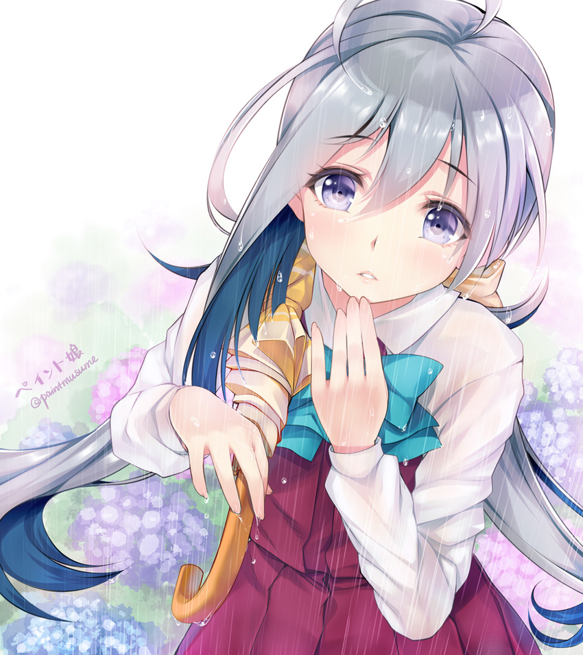 ahoge blue_eyes blush closed_umbrella flower hair_between_eyes head_tilt highres hydrangea kantai_collection kiyoshimo_(kantai_collection) long_hair long_sleeves looking_at_viewer outdoors parted_lips rain school_uniform silver_hair skirt solo twintails twitter_username umbrella very_long_hair wet wet_clothes youqiniang