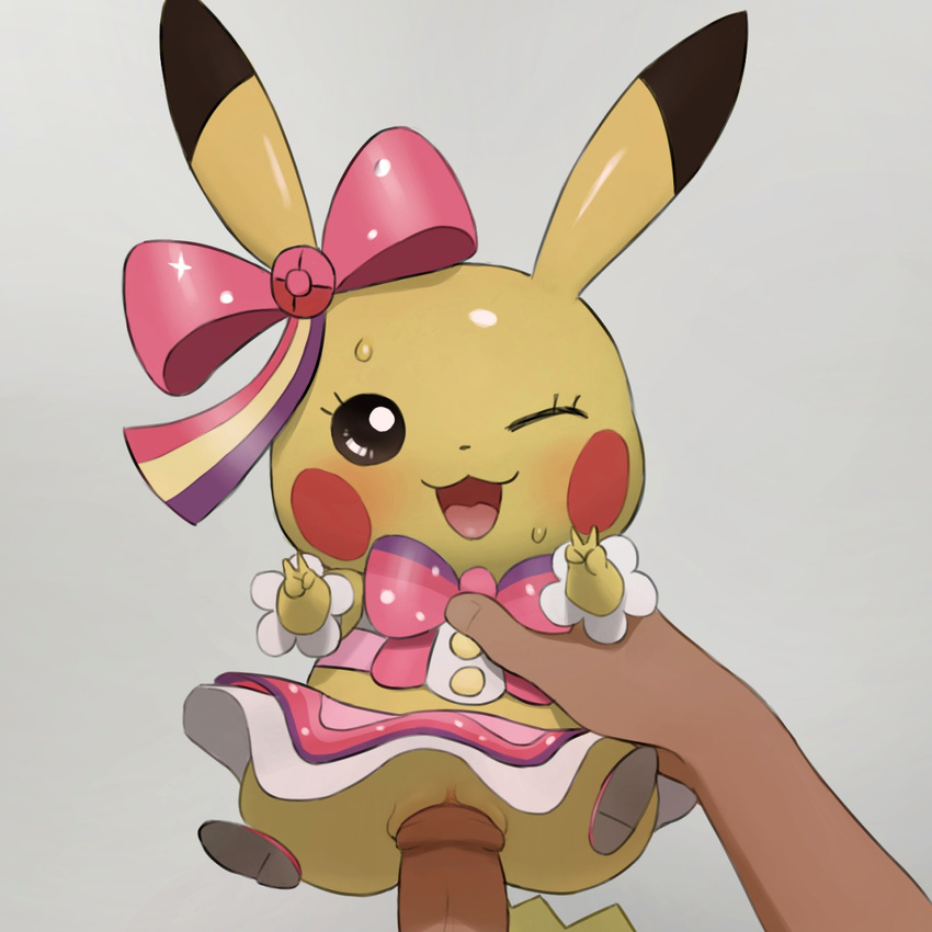 blush bow clothing cosplay_pikachu dress female happy holding_(disambiguation) human looking_at_viewer male male/female mammal nintendo one_eye_closed open_mouth penis pikachu pikachu_pop_star pok&eacute;mon prodding pussy sex size_difference smile solo_focus spread_legs spreading sweat v_sign vaginal video_games youjomodoki