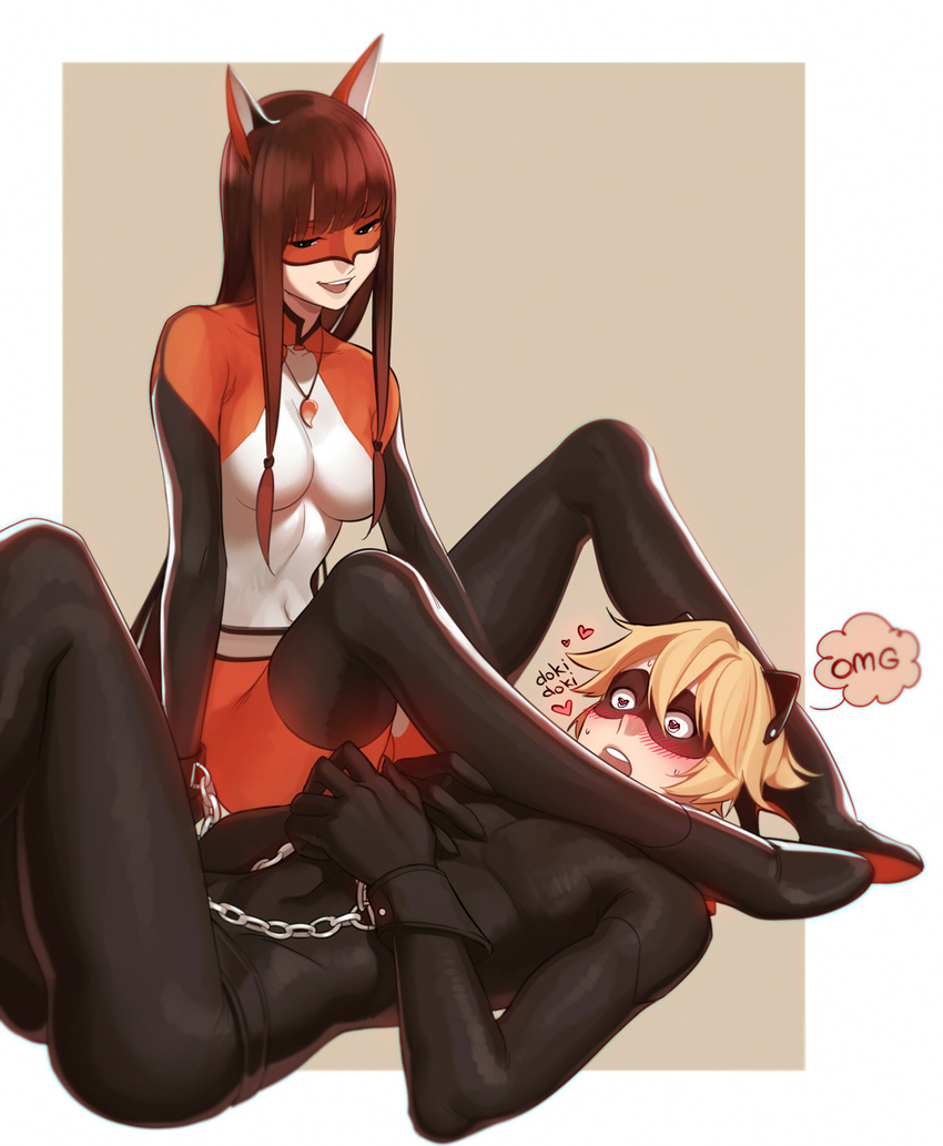 1girl :d aconitea adrien_agreste animal_ears bad_id bad_pixiv_id black_bodysuit blonde_hair blue_eyes bodysuit boots breasts brown_eyes brown_hair chain chat_noir cuffs domino_mask femdom girl_on_top handcuffs heart heart-shaped_pupils high_heels highres jewelry large_breasts lila_rossi long_hair lying mask miraculous_ladybug necklace on_back open_mouth short_hair sidelocks sitting smile sound_effects speech_bubble symbol-shaped_pupils very_long_hair volpina