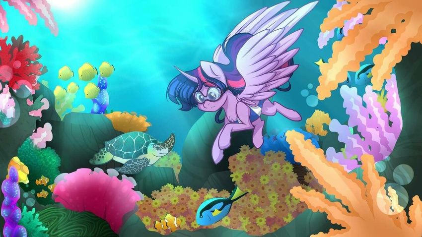 clothing coral_reef cutie_mark equine eyewear feathered_wings feathers female feral fish friendship_is_magic goggles hair horn mammal marine marine_turtle multicolored_hair my_little_pony one-piece_swimsuit purple_eyes reptile scalie sea_turtle swimming swimsuit turtle twilight_sparkle_(mlp) twisted_sketch_(artist) underwater water winged_unicorn wings